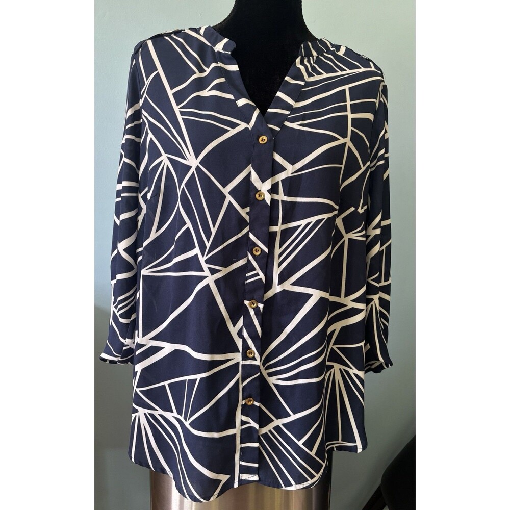 Dressbarn Boho Blue/White Geometric 3/4 Sleeve Button-up Blouse (Women’s 1X)